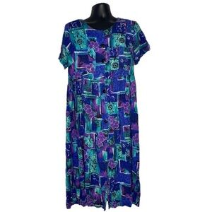 Carolina Colours Abstract Floral Print Midi Dress (Purple/Teal/Blue, Size:18W)